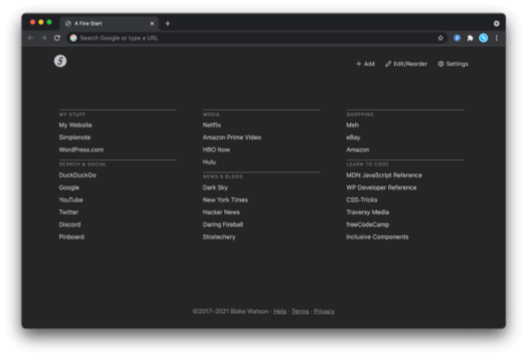 Screenshot of A Fine Start in dark mode with three columns of text links.